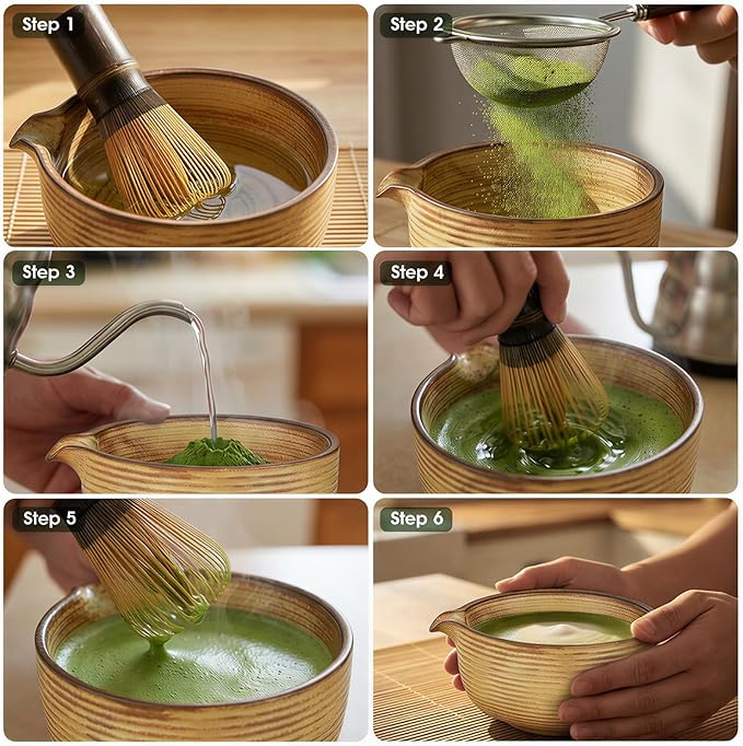 Matcha Whisk Set, 7-Piece Matcha Kit with Ceramic Matcha Bowl, Bamboo Whisk, Scoop & Sifter - Complete Matcha Tea Set Perfect for Beginners & Matcha Lovers (Mottled Yellow)