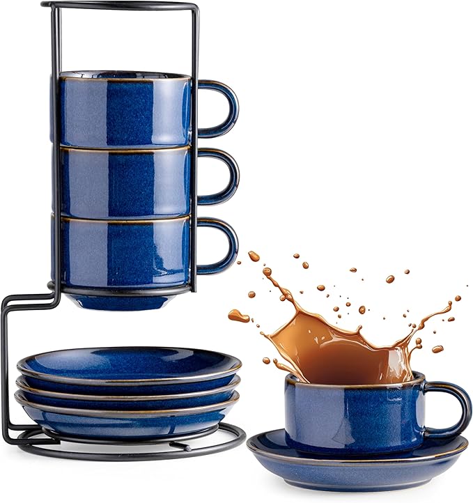 Gomakren 6 Ounce Cappuccino Cups with Saucers and Metal Stand, Stackable Coffee Cup Set of 4, Valentine Porcelain Espresso Cups for Coffee Drinks, Cappuccino, Latte, Americano, Tea, Cobalt Blue
