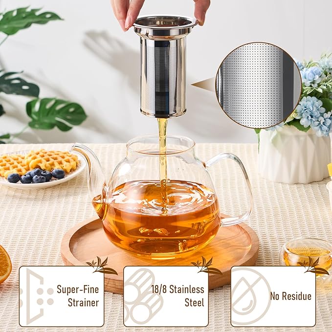PARACITY Glass Teapot Stovetop 40 OZ/1200ml, Tea pot with Removable 18/8 Stainless Steel Infuser, Borosilicate Clear Tea Kettle, Teapot Blooming and Loose Leaf Tea Maker Tea Brewer for Camping
