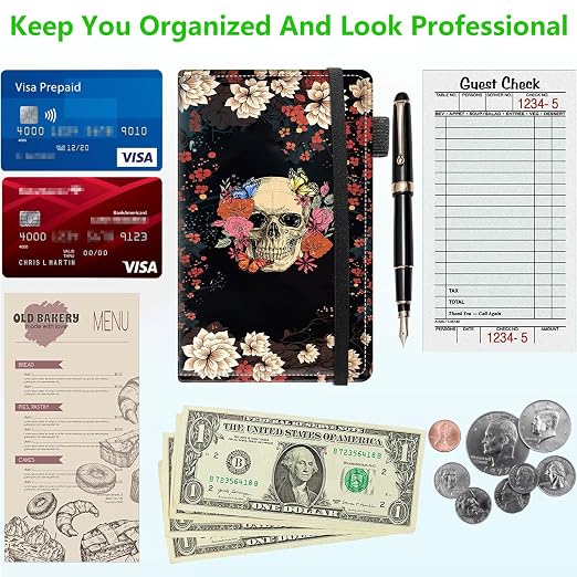 Server Books for Waitress, 5x9 Inch Waitstaff Server Order Pads, 11 Large Pockets, Cute PU Leather Waitress Book Server Wallet with Elastic Band Fit Server Apron,Flower Skull Roses Butterfly - Image 5