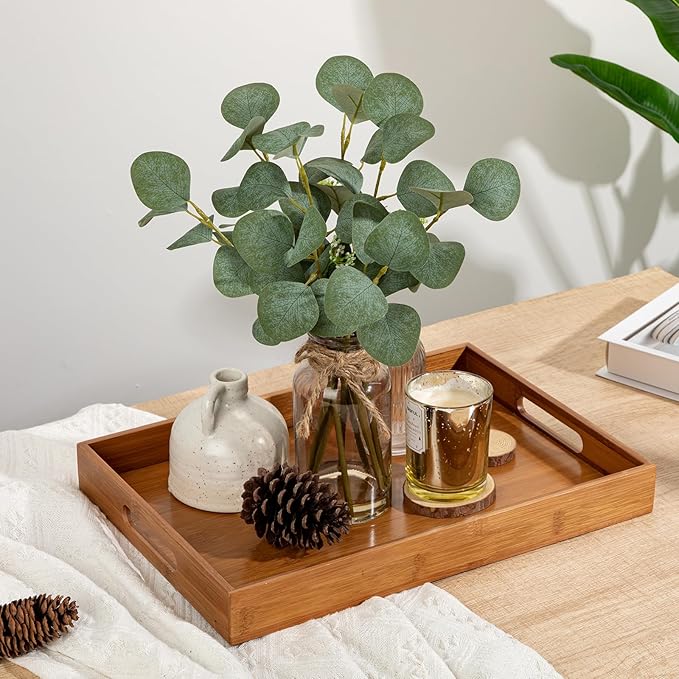 Briful Bamboo Decorative Tray with Handles - 16 x 12 Inch Rectangle Serving Tray for Coffee Table Decor Farmhouse Kitchen Counter Organizer & Bathroom Vanity, Brown