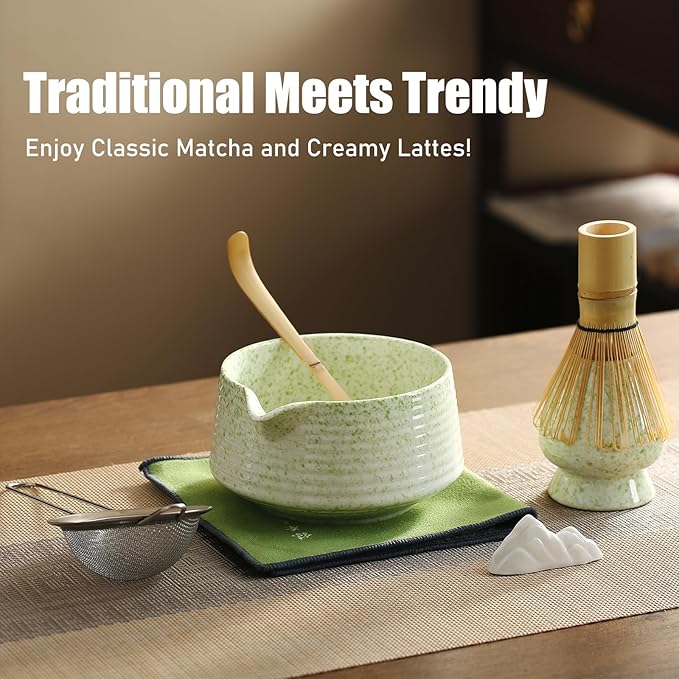 Matcha Whisk Set, Ceramic Matcha Bowl with Spout, Bamboo Whisk, Scoop, Sifter, Holder, Tea Towel, 7-Piece Matcha Kit Set for Making Breakfast/Latte, Square Green, Large, Fusion Style