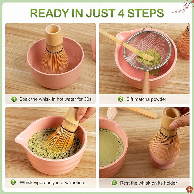 FEXIA 10 Pcs Matcha Whisk Set, Matcha Making Kit, Powerful Milk Frother Wand, Bowl With Spout, Bamboo Whisk, Whisk Holder, Stainless Sifter, Spoon for Japanese Traditional Tea Tools Gift (Pink)