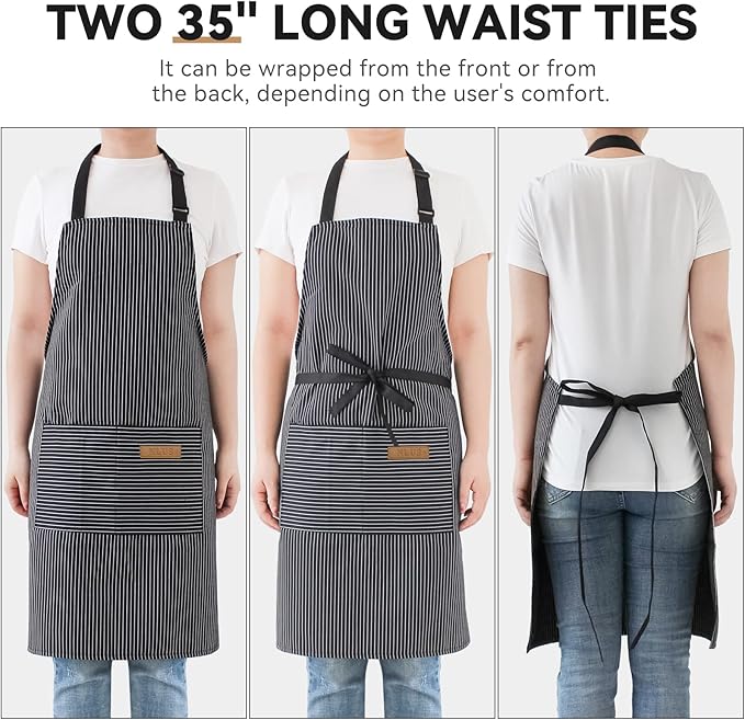 NLUS 2 Pcs Kitchen Cooking Aprons, Poly/Cotton Blend Adjustable Soft Bib Stripe Aprons with 2 Pockets for Women Men Chef (Blue Pinstripes/Black Pinstripes)