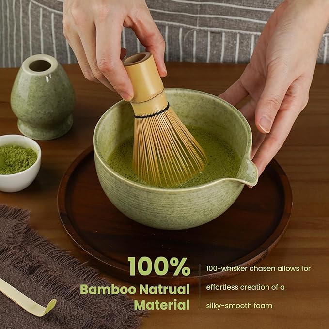 Matcha Whisk Set, Ceramic Bowl Matcha Kit & Handcrafted Bamboo Chasen, Complete 5 Pcs Matcha Set Whisk and Bowl, Stainless Steel Sifter, Bamboo Scoop & Holder for Matcha Lovers