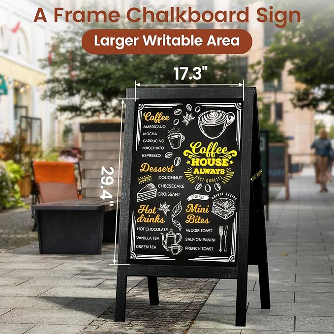 Chezerra A Frame Chalkboard Sign, 40"x20" Extra Large Sidewalk Chalk Board, Wooden Standing ChalkBoards Set with Markers, Double-Sided Magnetic Blackboard for Cafés, Weddings, Party Guide, Black