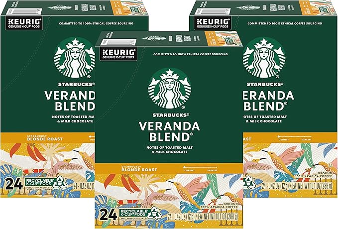 Starbucks Coffee K-Cup Pods, Veranda Blend, Blonde Roast Coffee, Notes of Toasted Malt & Milk Chocolate, Keurig Genuine K-Cup Pods, 24 CT K-Cups/Box (Pack of 3 Boxes)
