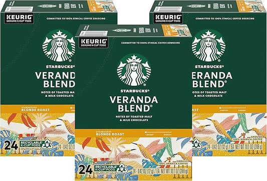 Starbucks Coffee K-Cup Pods, Veranda Blend, Blonde Roast Coffee, Notes of Toasted Malt & Milk Chocolate, Keurig Genuine K-Cup Pods, 24 CT K-Cups/Box (Pack of 3 Boxes)