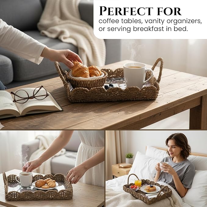 BISS Scalloped Rattan Serving Tray with Removable Floral Transparent Board – Natural Rattan Decorative Tray with Foldable Handles & Scalloped Edge – Wicker Woven Tray for Coffee Table, Dining