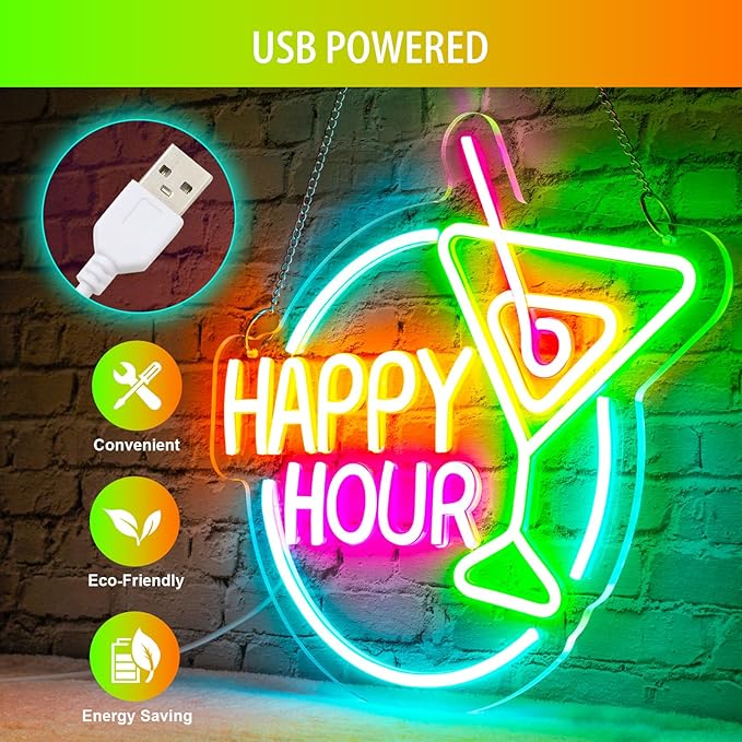 Basaneon Happy Hour Neon Sign Dimmable Led Happy Hour Neon Bar Signs for Home Bar, USB Powered Bright Cocktails Happy Hour Neon Signs for Wall Decor Bar Pub Man Cave Party Art Decor(14.1*12.5inches)