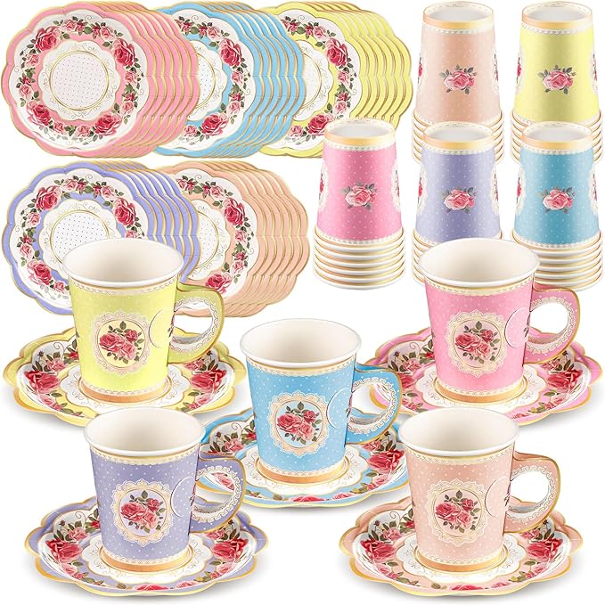 Domensi 60 Pieces Tea Party Decorations Include 30 Pcs 9 oz Paper Cups with Handle and 30 Pcs Tea Party Paper Plates Disposable Blossom Teacups and Saucers for wedding Favors(Bright Style)