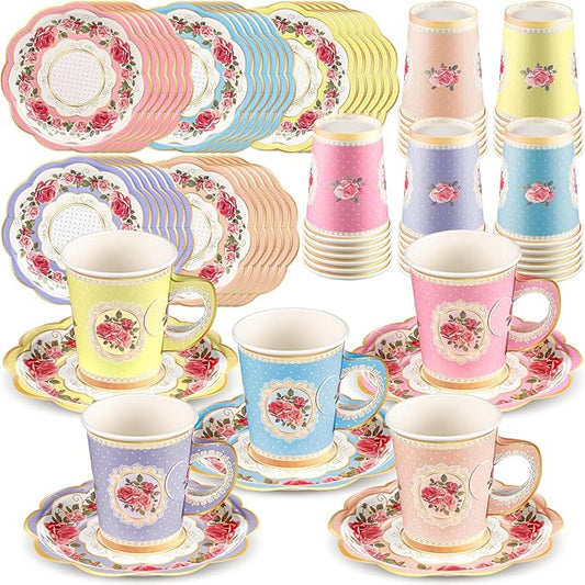 Domensi 60 Pieces Tea Party Decorations Include 30 Pcs 9 oz Paper Cups with Handle and 30 Pcs Tea Party Paper Plates Disposable Blossom Teacups and Saucers for wedding Favors(Bright Style)
