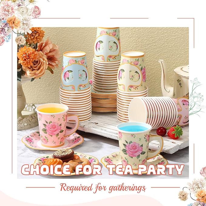 Umigy 60 Sets Tea Party Decorations 9 oz Floral Paper Tea Cups with Handle and Plates Disposable Blossom Teacups and Saucers Sets for Girls Kids Birthday Garden Wedding Party Supplies(Multicolored)