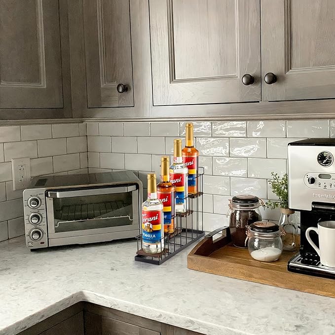 Coffee Syrup Rack Organizer, with Rustic Wood Holder Coffee Station Bar Accessory for Syrup, Wine, Dressing Bottle Countertop Display Storage Stand for Kitchen with Basket and Hooks Holds 4 Bottles