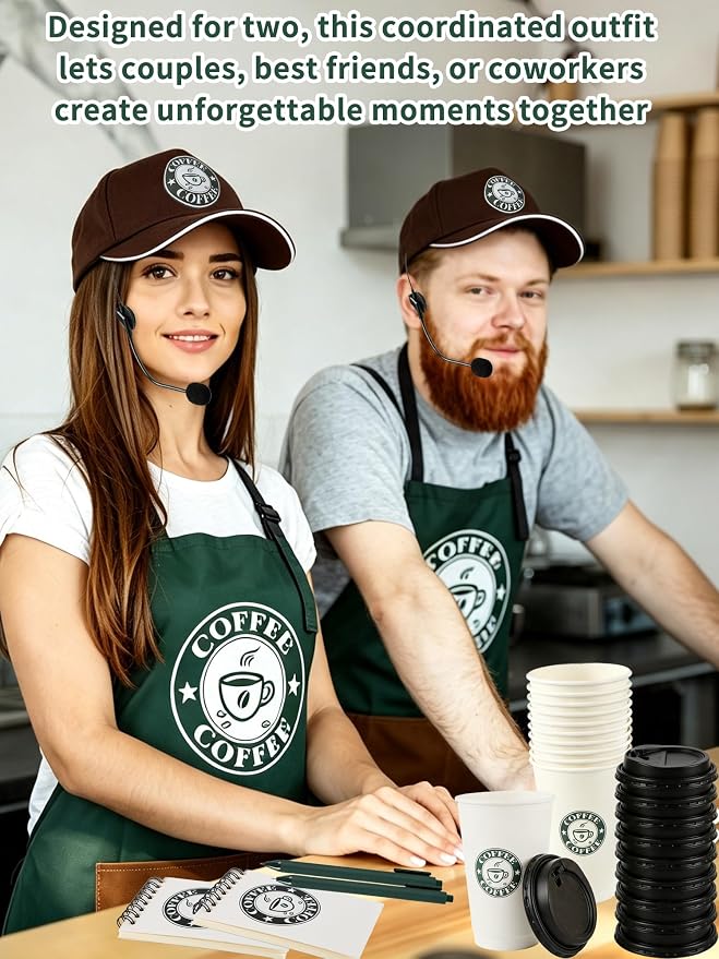36 Pcs Halloween Barista Costume Set Coffee Maker Costume Outfit Include Green Aprons Cap Notebook Headset Name Tag Cards Cups and Pen for Adults Unisex Cosplay - Image 4