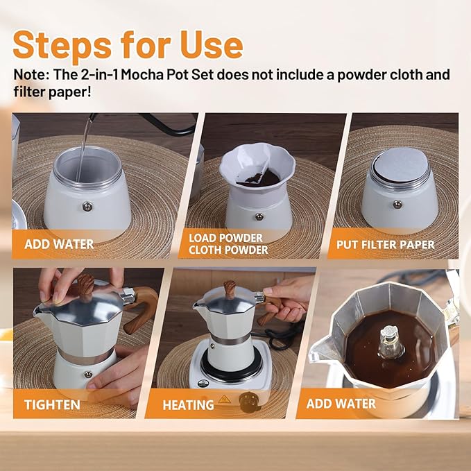 2-in-1 Aluminum Moka Pot Set with Electric Stove Classic Stovetop Espresso Coffee Maker 150ml 5oz Mocha Express Portable Camping Travel Preferred Cafe Makers Italian Cuban Café Brewing 3 Cup