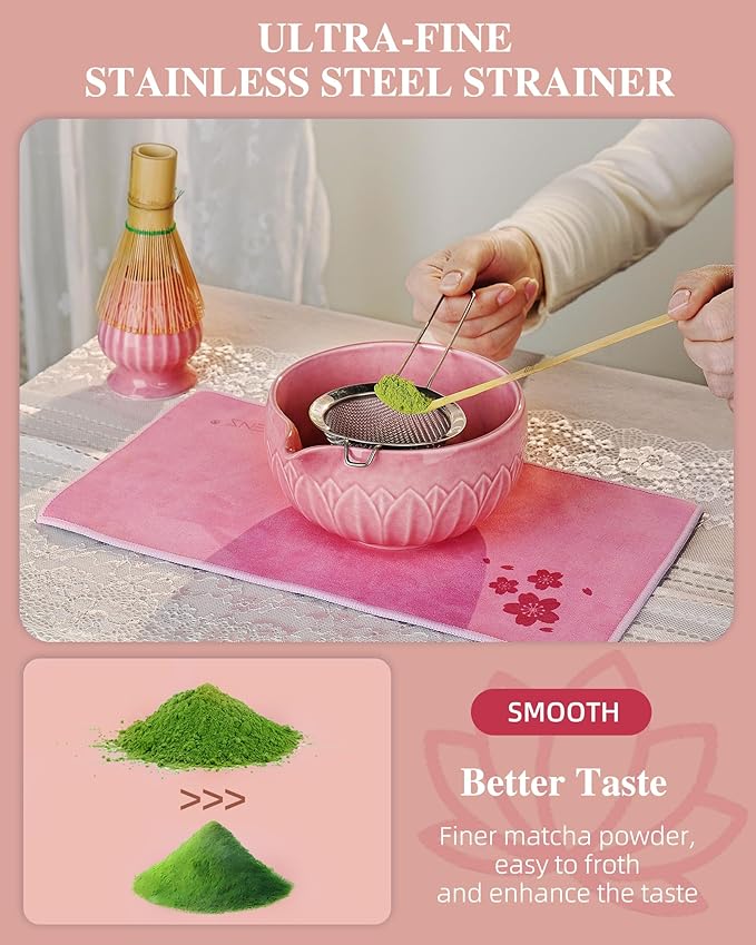 ZENS Matcha Whisk Set, 6pcs Matcha Kit Set with Matcha Bowl, Bamboo Whisk & Scoop, Chasen Holder, 304 Stainless Steel Sifter & Tea Mat, Japanesse Matcha Kit for Matcha Latte-Making Pink