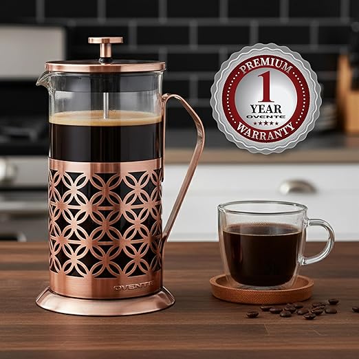 OVENTE French Press Coffee Maker 34 Ounce with Heat Resistant Borosilicate Glass, Stainless Steel Design and 4-Level Filter System, Portable Cold Brewer Pot for Travel, Camping or Gift, Copper FSF34C