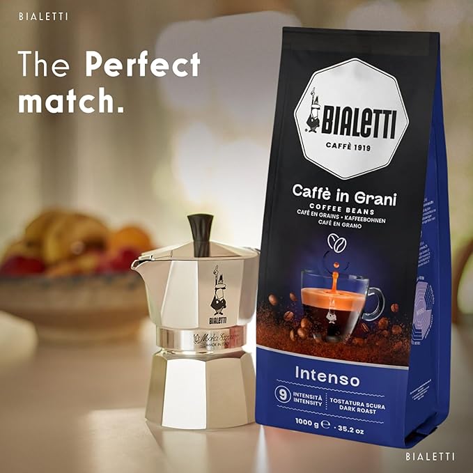 Bialetti Intenso Coffee Beans, 1000g Bag - 100% Robusta Medium Roast Intensity 9, Strong Espresso with Cocoa Notes - Compatible with Automatic Machines, Bean to Cup Brewers & Stovetop Moka Pots