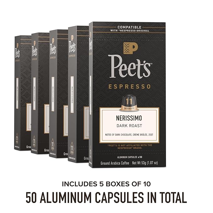 Peet's Coffee, Dark Roast Espresso Capsules, Compatible with Nespresso Original Machine, 100% Arabica Coffee - Nerissimo Intensity 11, 50 Count (5 Boxes of 10 Espresso Capsules)