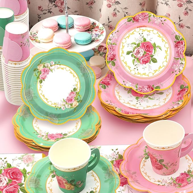 200Pcs Floral Tea Cups and Saucers for Tea Party Supplies, Disposable Tea Cups with Handle and Paper Napkins Dinnerware for Floral Theme Birthday Wedding Bridal Shower Baby Shower（Pink Green）