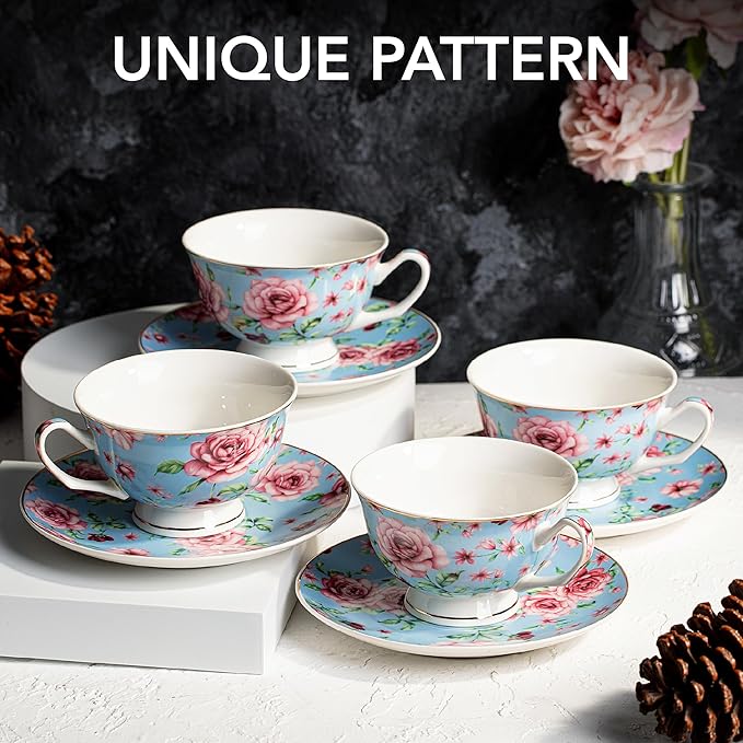 BTaT- Floral Tea Cups and Saucers, Set of 4, 8 oz, Fine Porcelain Teacup Set with Gold Trim for Afternoon Tea, Weddings, Parties & Gifting, Dishwasher Safe and Freezer Safe