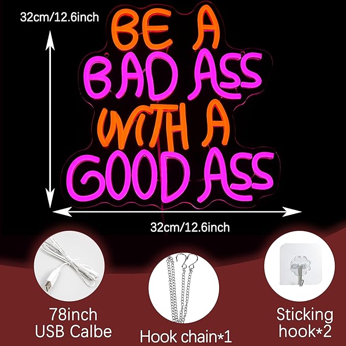 Be A Bad One With A Good One Neon Sign for Wall Decor Gym Light Up Sign with Adjusted Switch Usb Powered Pretty Letter Led Sign for Party Birthday Bar Pub Club Decoration(12.6 * 12.6 in)