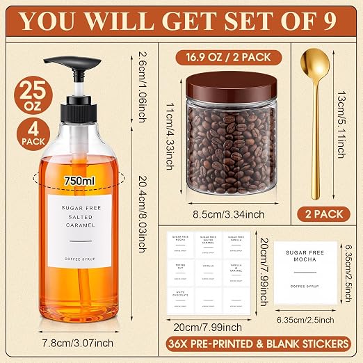 9 Pcs Coffee Syrup Dispenser Set 25.4 Oz/750 ml Plastic Coffee Syrup Dispenser Pump Bottle Pet Jar with Lids Gold Spoon and Labels for Home Bar Organization - Image 2