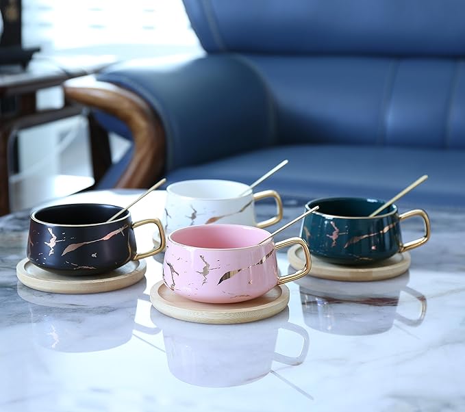 YBK Tech Porcelain Tea Cup Coffee Mug Set for Afternoon Tea - Marble Pattern (Pink, Short 300ml + wood saucer)