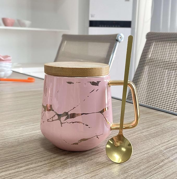 YBK Tech Porcelain Tea Cup Coffee Mug Set for Afternoon Tea - Marble Pattern (Pink, Tall 400ml + wood lid)