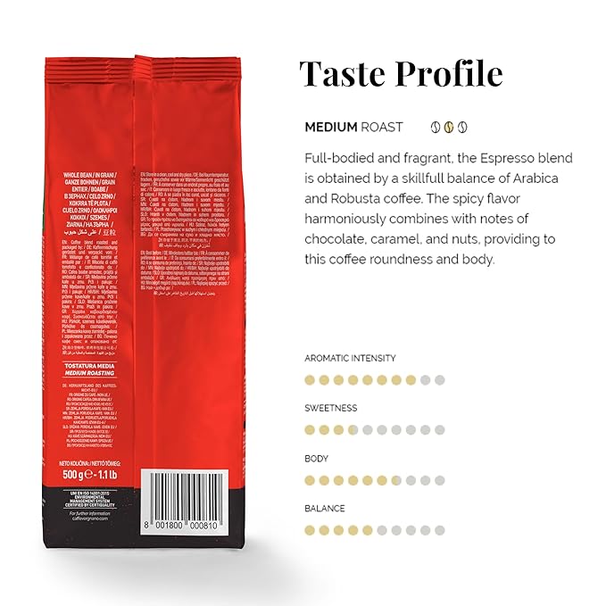 Caffe Vergnano 1882 Espresso Whole Bean Arabica Roast Coffee - Italian Medium Roast Coffee Beans with Notes of Chocolate, Nuts & Caramel, Intensity 7/10, 3.3 lbs