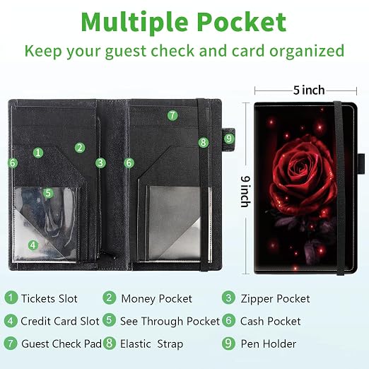 Server Books for Waitress, 5x9 Inch Waitstaff Server Order Pads, 11 Large Pockets, Cute PU Leather Waitress Book Server Wallet with Elastic Band Fit Server Apron,Red Rose - Image 3