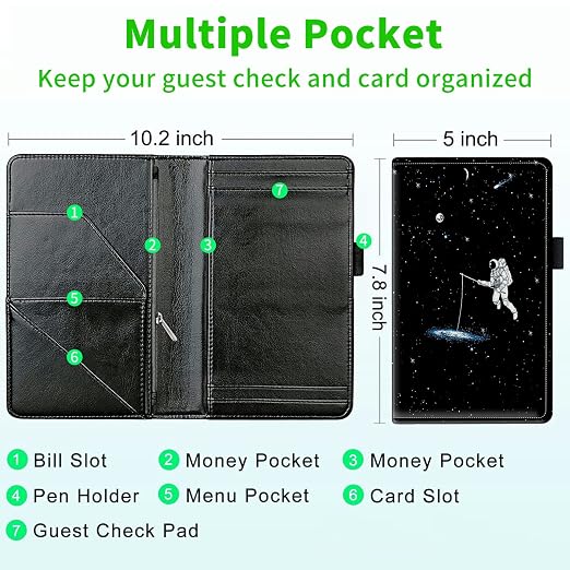 Server Books for Waitress, with 7 Large Pockets, Waiter Serving Book, Waitstaff Server Order Pads, Cute PU Leather Server Book with Pen Holder Fit Server Apron, Spaceman - Image 3