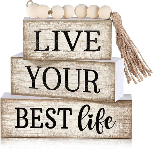 Moucuny 4 Pcs Farmhouse Table Decor Inspirational Wooden Signs Rustic Beaded Wooden Block Gift Sign Live Your Best Life Farmhouse Table Centerpiece for Living Room Housewarming Gift