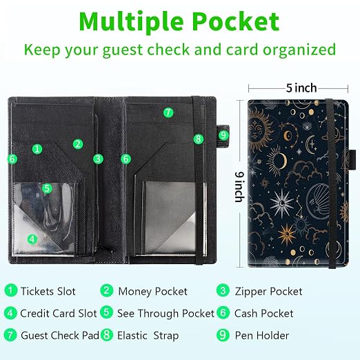 Server Books for Waitress, 5x9 Inch Waitstaff Server Order Pads, 11 Large Pockets, Cute PU Leather Waitress Book Server Wallet with Elastic Band Fit Server Apron,Sun and Moon - Image 3