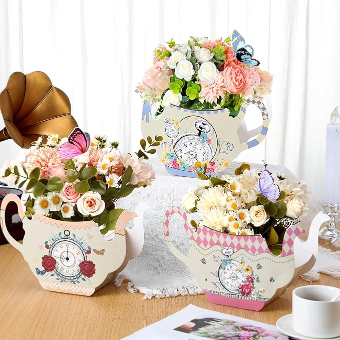 Yinder 6 Pcs Tea Party Decorations Princess Party Flower Boxes Centerpiece Floral Teapot Centerpiece for Floral Tea Themed Birthday Wedding Supplies(Vintage Tea Pot Tea Cup)
