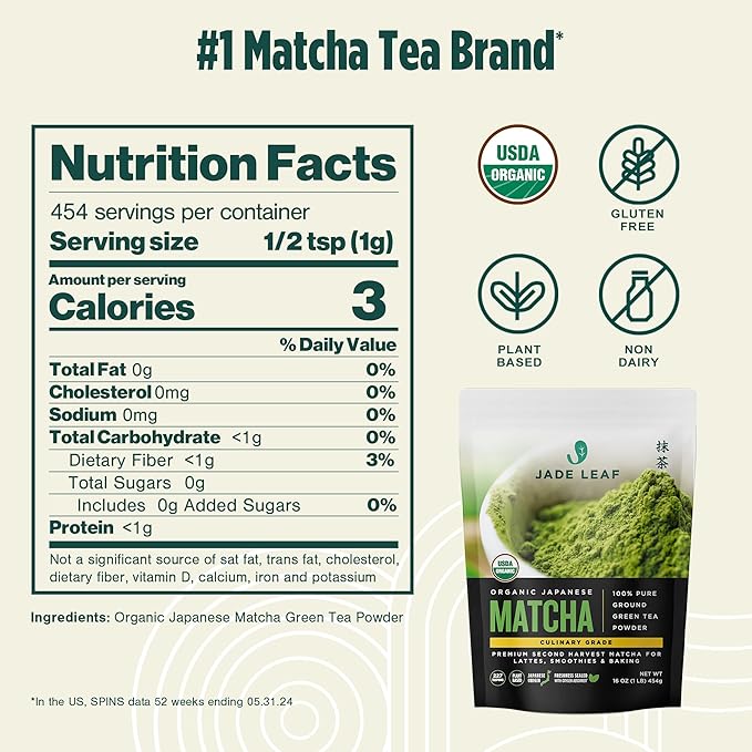 Jade Leaf Matcha Organic Culinary Grade Matcha Powder - Japanese Green tea for Baking, Smoothies, Lattes, and Skin Care, 454g / 16 Ounce Bulk Pouch (Pack of 1)