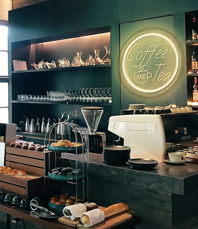 Coffee and Tea Neon Light Sign for Station Bar, Coffee & Tea Light Up Sign for Wall Decor Dimmable, Round 3D Carved Cafe LED Neon Sign for Kitchen, Shop, Home, Club Counter for Gift