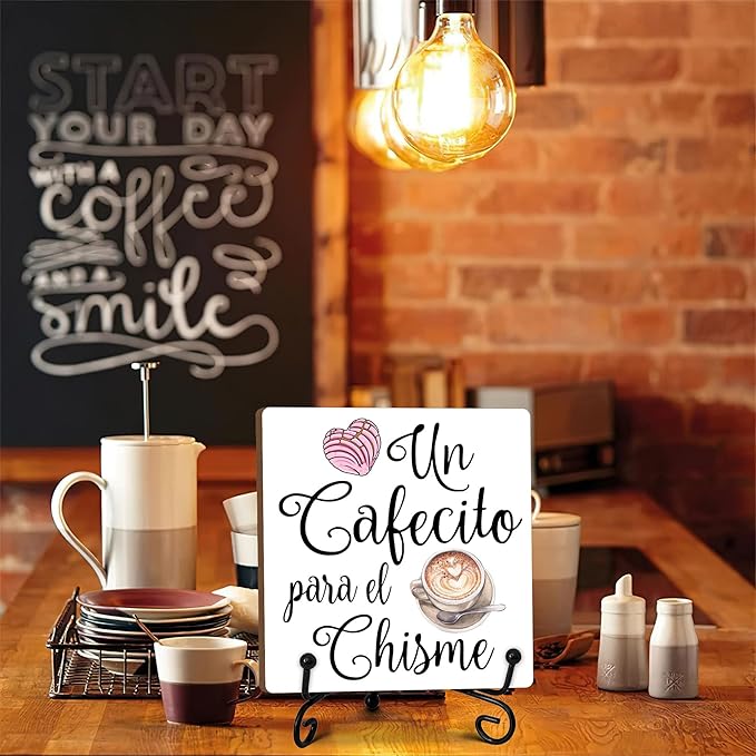 Stylish Cafe Station Decor, Coffee Bar Sign, Pink Signs for Station, Gifts for Coffee Lovers, Rustic Farmhouse Home Office Kitchen Decoration Bar Favor and Accessories 5 x 5 Inches-107