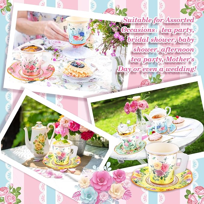 160 Pcs Floral Paper Tea Cups and Saucers 7 OZ Disposable Paper Tea Cups with Handle and Plates for Tea Party Decoration Birthday Baby Shower Bridal Wedding Mother's Day
