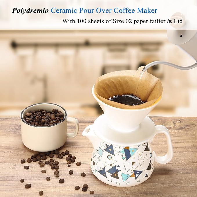 Pour Over Coffee Maker, Ceramic Coffee dripper with 100 pcs Paper Filter, Ceramic coffee Server with Lid, 15.5oz/450 ml, Suitable for 1-2 people (White A)