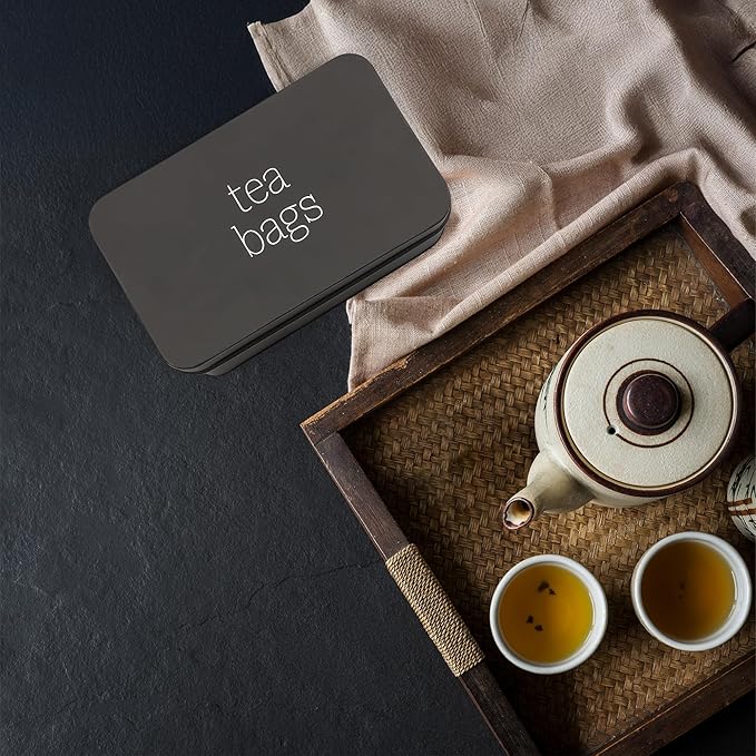 AuldHome Design Enamelware Tea Bag Box (Black), Classic Sleek Style Tea Storage Tin