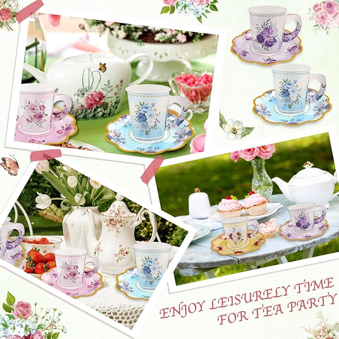24 Sets Disposable Paper Tea Cups 7 OZ Floral Tea Party Cups with Handle and Plates Teacups and Saucer Sets for Mother's Day Baby Bridal Shower Birthday(Watercolor Style)