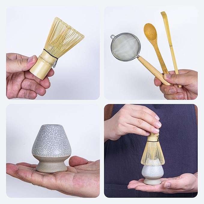Matcha Whisk Set 5pcs – Bamboo Matcha Whisk (Chasen), Whisk Holder, Chashaku Scoop, Spoon, Fine Mesh Sifter, Starter Matcha Kit for Beginners, Tea Ceremony Gifts