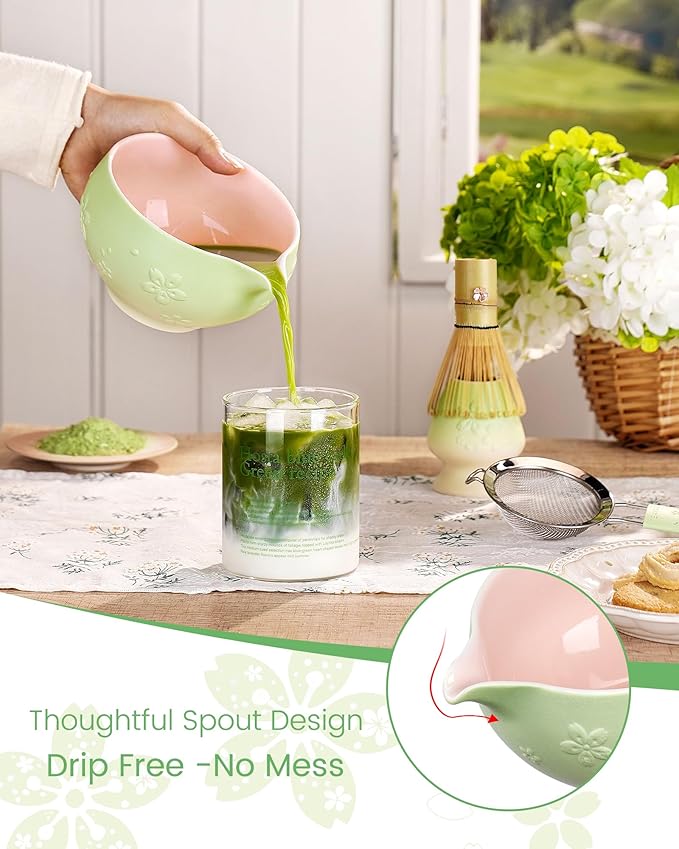 Matcha Whisk Set, 6pcs Matcha Set Includes Matcha Bowl, Bamboo Whisk & Scoop with Cute Charm, Chasen Holder, Innovative Sifter, Tea Mat for Japanese Tea Ceremony, Pale Green