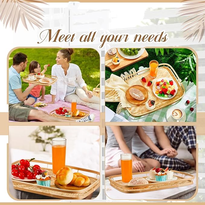 6 Pcs Bamboo Wicker Serving Trays 16.93 x 13 x 1.57 Inch Hand Woven Lap Trays for Eating Rectangular Flat Baskets Trays Decorative Bedroom Bed Tray for Eating Dinner Tray Fruit Snack Holder