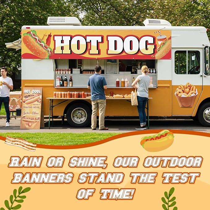 Tegeme Hot Dog Banner Sign for Shop Truck Decor 2x10 Ft/ 24x120 Inch Hot Dog Party Decorations Hotdog Birthday Party Supplies with 10 Grommets for Easy Hang Indoor Outdoor