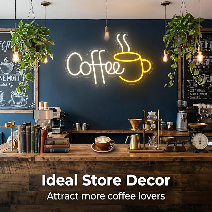 LED Coffee Neon Sign for Cafe, Acrylic Light Up Coffee Bar Sign 21.7x13.8 Inch, 10 levels USB Dimmable for Coffee Shop Internet Lounge Wall Decor (Warm White)