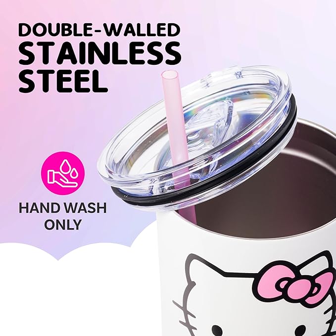 Silver Buffalo Sanrio Hello Kitty Halloween Spooky Skeleton Costume Double Walled Stainless Steel Tumbler with Handle and Straw, Fits in Standard Cup Holder, 40 Ounces