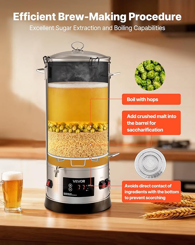 VEVOR Beer Brewing Equipment, 8 Gal/30L 304 Stainless Steel Home Beer Brewer,1500W All-in-One Home Brewing Kit with Tall strainer, Integrated Inner Barrel & Reinforced Handle
